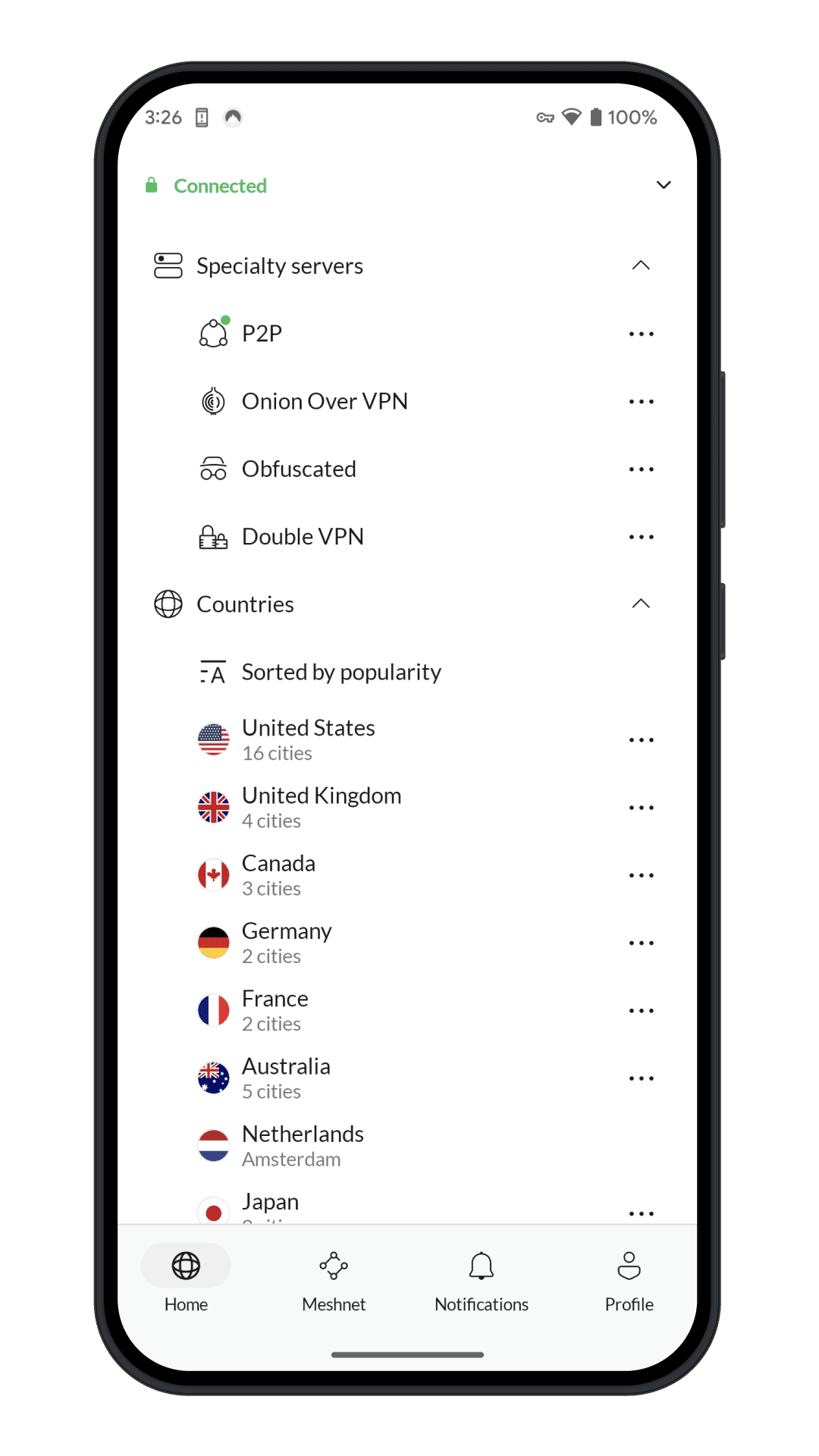 NordVPN:n Android-sovelluksen palvelinlista, jossa näkyvät P2P, Onion Over VPN, Obfuscated ja Double VPN