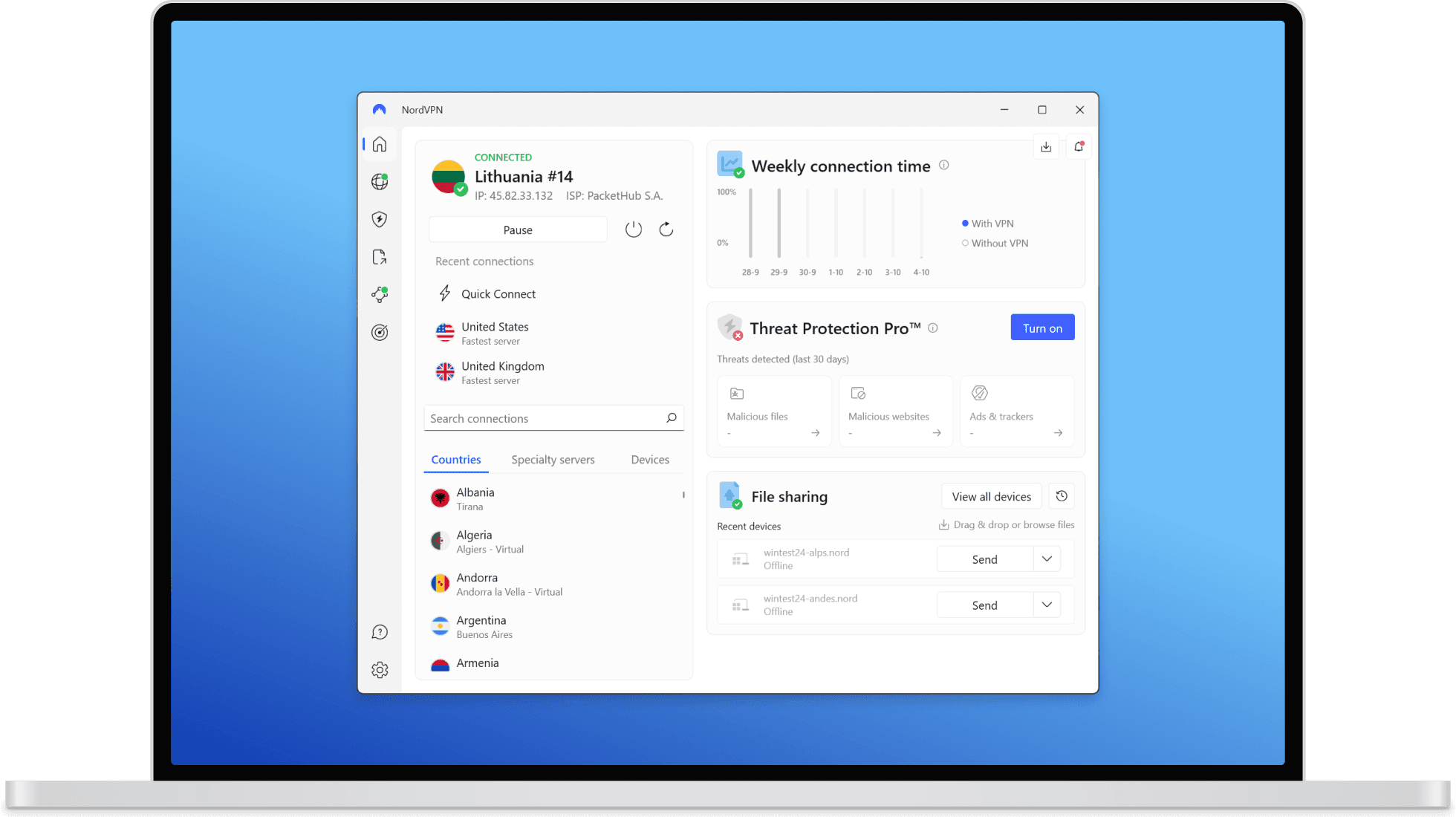 NordVPN:n englanninkielinen Windows-sovellus, kun VPN-yhteys on päällä